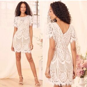 Lulus Pearson White Lace Short‎ Sleeve Mini Knee Length Dress, Cream, Size XS